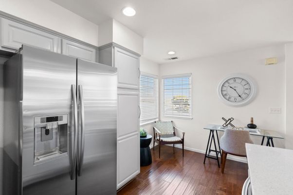 Dining room, Interior, Kitchen, Recessed Lighting, Stainless Steel Appliances, Wood Texture Flooring