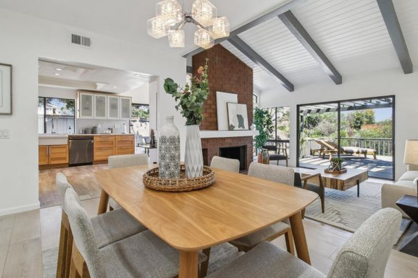 Dining room, Fireplace, Interior, Kitchen, Living room, Pendant Lights, Recessed Lighting, Wood Texture Flooring
