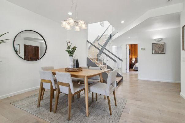 Dining room, Interior, Pendant Lights, Recessed Lighting, Wood Texture Flooring
