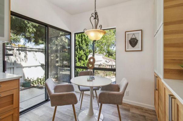 Dining room, Interior, Pendant Lights, Sun Room, Wood Texture Flooring