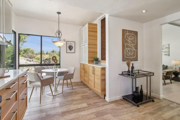 Dining room, Interior, Pendant Lights, Recessed Lighting, Wood Texture Flooring