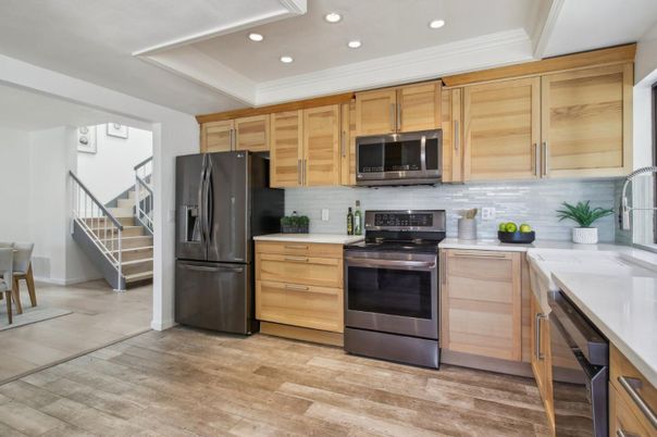 Interior, Kitchen, Recessed Lighting, Stainless Steel Appliances, Wood Texture Flooring