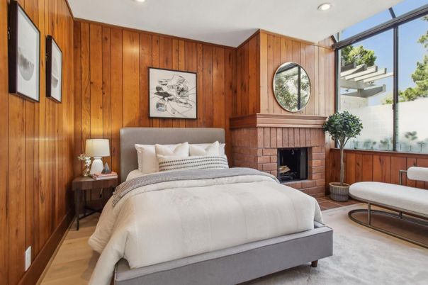 Bedroom, Fireplace, Interior, Recessed Lighting, Wood Texture Flooring, Wooden Walls