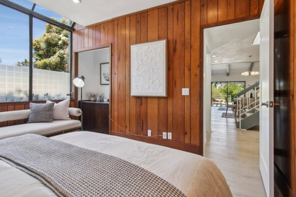 Bedroom, Interior, Recessed Lighting, Wood Texture Flooring, Wooden Walls