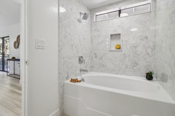 Bathroom, Interior, Marble Walls, Wood Texture Flooring