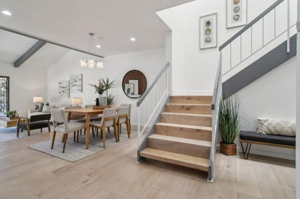 Dining room, Interior, Pendant Lights, Recessed Lighting, Wooden Beams, Wood Texture Flooring