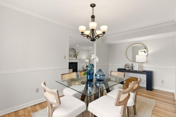 Chandelier, Dining room, Fireplace, Interior, Recessed Lighting, Wood Texture Flooring