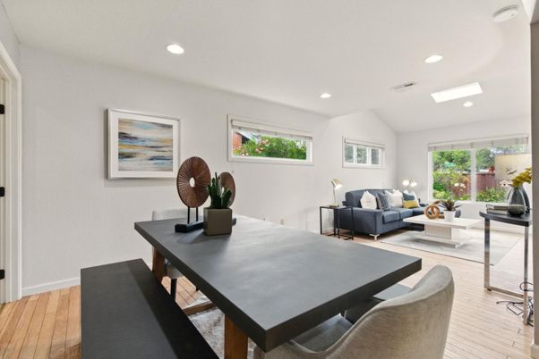 Dining room, Interior, Living room, Recessed Lighting, Wood Texture Flooring