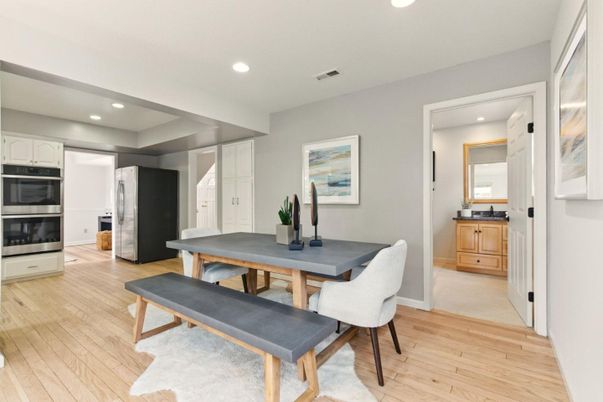 Dining room, Interior, Kitchen, Recessed Lighting, Wood Texture Flooring