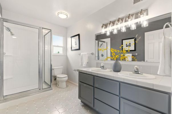 Bathroom, Dual Sink Vanities, Glass Shower, Interior, Tile Countertops