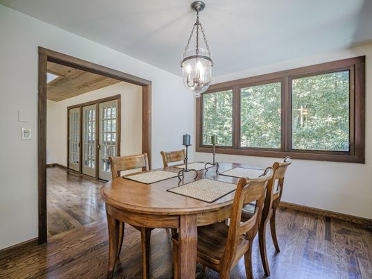 Dining room, Interior, Pendant Lights, Wood Texture Flooring