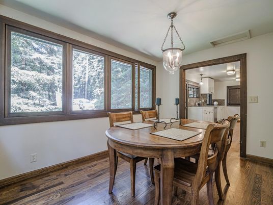 Chandelier, Dining room, Interior, Wood Texture Flooring