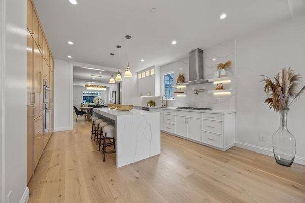 Interior, Kitchen, Marble Walls, Pendant Lights, Recessed Lighting, Wood Texture Flooring