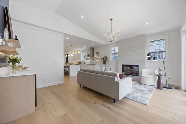 Fireplace, Interior, Kitchen, Living room, Pendant Lights, Recessed Lighting, Wood Texture Flooring