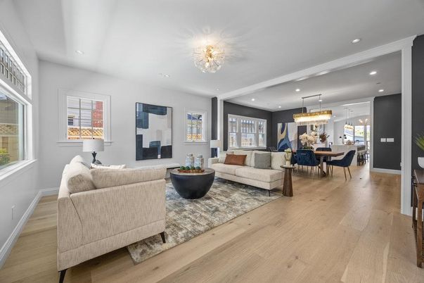 Chandelier, Dining room, Interior, Living room, Recessed Lighting, Wood Texture Flooring