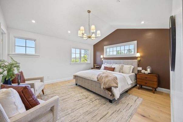 Bedroom, Chandelier, Interior, Recessed Lighting, Wood Texture Flooring