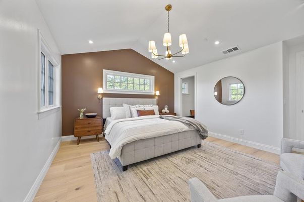 Bedroom, Chandelier, Interior, Recessed Lighting, Wood Texture Flooring