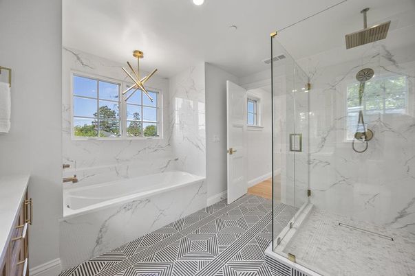 Bathroom, Glass Shower, Interior, Marble Walls, Recessed Lighting