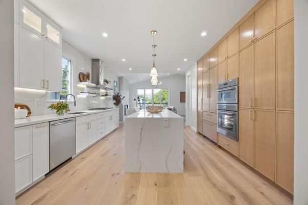 Interior, Kitchen, Pendant Lights, Recessed Lighting, Stainless Steel Appliances, Wood Texture Flooring