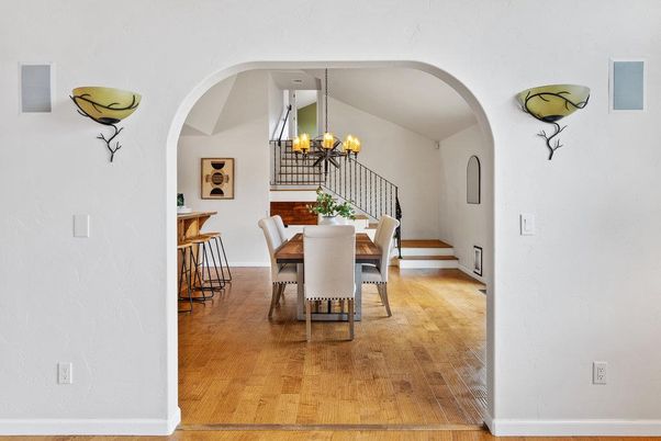 Chandelier, Dining room, Interior, Wood Texture Flooring