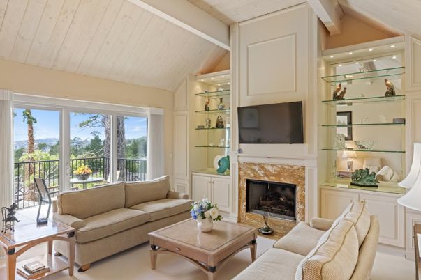 Fireplace, Interior, Living room, Recessed Lighting, Wooden Ceilings