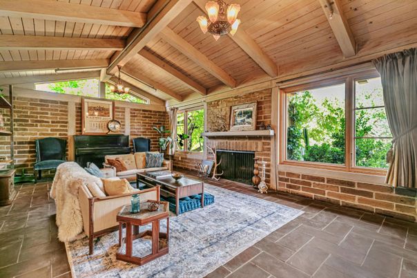 Dining room, Fireplace, Interior, Living room, Pendant Lights, Wooden Beams