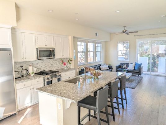 Interior, Kitchen, Living room, Recessed Lighting, Stainless Steel Appliances, Wood Texture Flooring