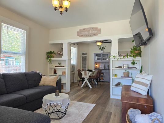 Chandelier, Dining room, Fireplace, Interior, Living room, Wood Texture Flooring