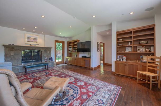 Fireplace, Interior, Living room, Recessed Lighting, Wood Texture Flooring