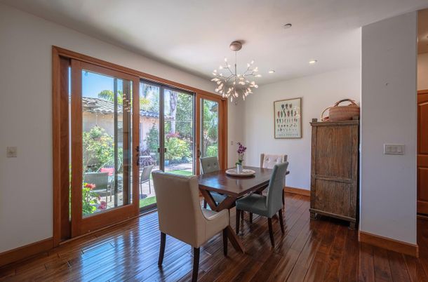 Dining room, Interior, Pendant Lights, Recessed Lighting, Wood Texture Flooring