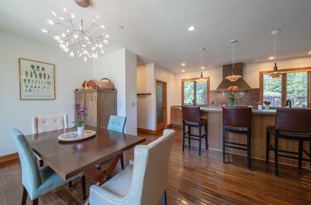 Dining room, Interior, Pendant Lights, Recessed Lighting, Wood Texture Flooring