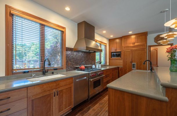 Interior, Kitchen, Pendant Lights, Recessed Lighting, Stainless Steel Appliances, Wood Texture Flooring