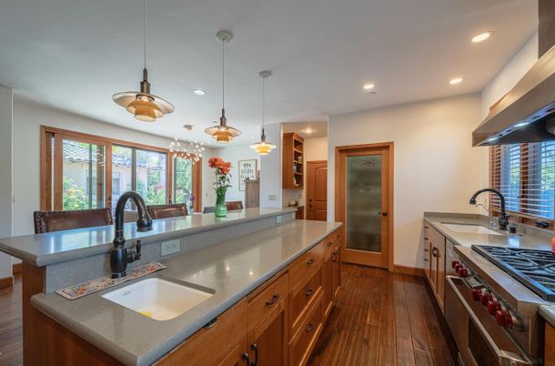 Interior, Kitchen, Pendant Lights, Recessed Lighting, Stainless Steel Appliances, Wood Texture Flooring