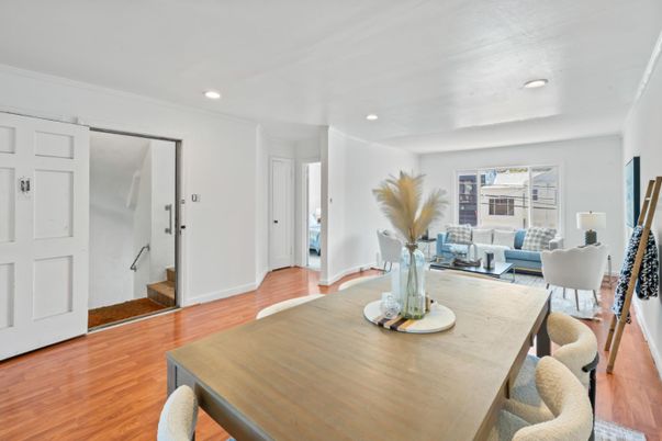 Dining room, Interior, Living room, Recessed Lighting, Wood Texture Flooring