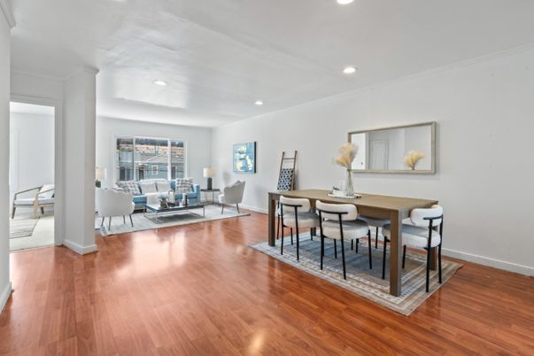 Dining room, Interior, Living room, Recessed Lighting, Wood Texture Flooring