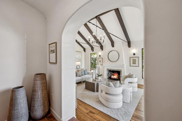 Chandelier, Fireplace, Interior, Living room, Pendant Lights, Wooden Beams, Wood Texture Flooring