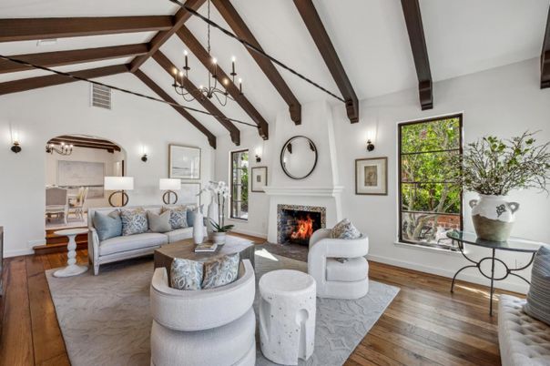 Chandelier, Fireplace, Interior, Living room, Wooden Beams, Wood Texture Flooring