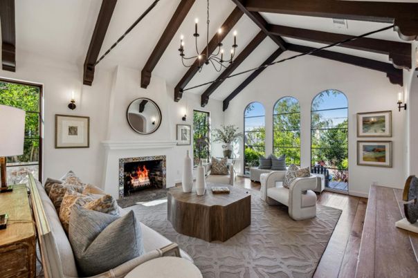 Chandelier, Fireplace, Interior, Living room, Wooden Beams, Wood Texture Flooring