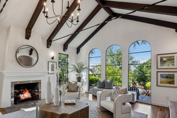 Chandelier, Fireplace, Interior, Living room, Wooden Beams, Wood Texture Flooring