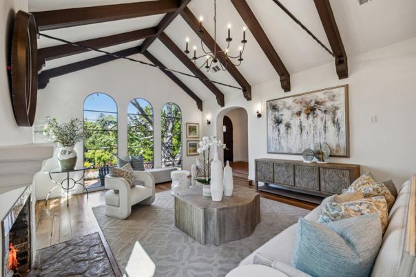 Chandelier, Interior, Living room, Wooden Beams, Wood Texture Flooring