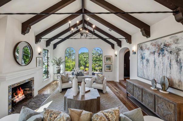Chandelier, Fireplace, Interior, Living room, Wooden Beams, Wood Texture Flooring