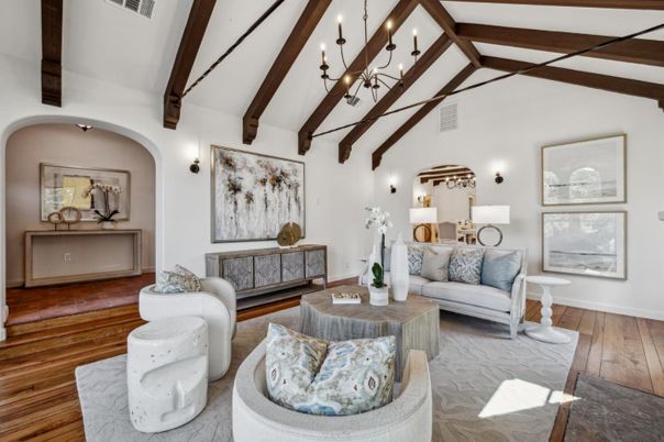 Chandelier, Interior, Living room, Wooden Beams, Wood Texture Flooring