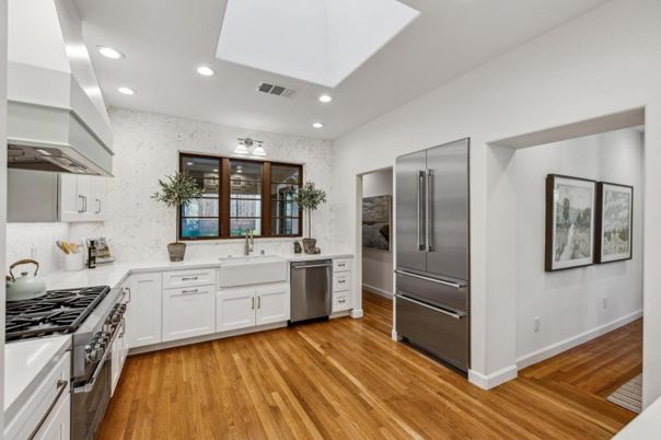 Interior, Kitchen, Recessed Lighting, Stainless Steel Appliances, Wood Texture Flooring