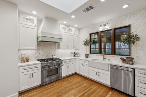 Interior, Kitchen, Recessed Lighting, Stainless Steel Appliances, Wood Texture Flooring