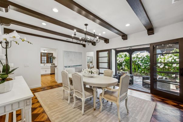 Chandelier, Dining room, Interior, Recessed Lighting, Wooden Beams, Wood Texture Flooring