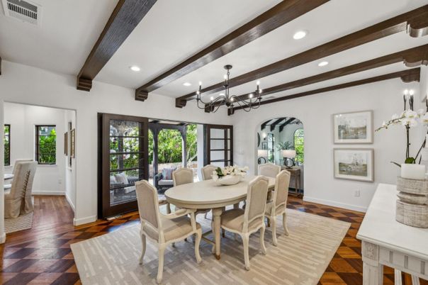 Chandelier, Dining room, Interior, Recessed Lighting, Wooden Beams, Wood Texture Flooring