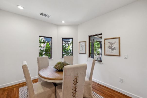 Dining room, Interior, Recessed Lighting, Wood Texture Flooring