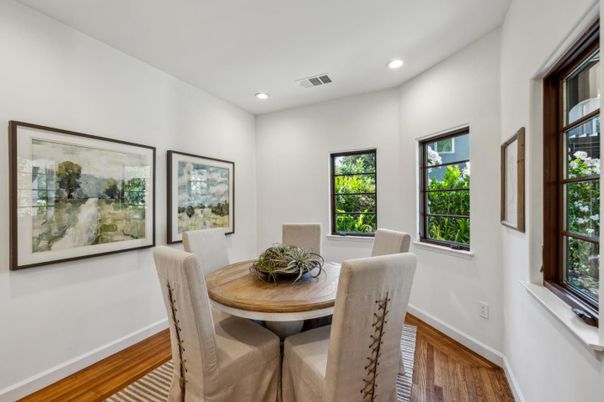 Dining room, Interior, Recessed Lighting, Wood Texture Flooring