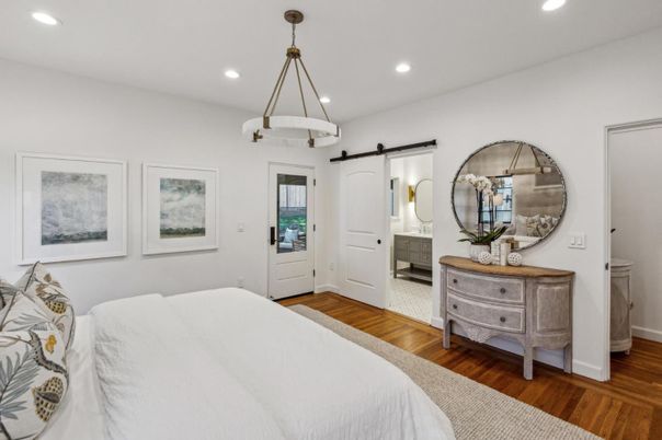 Bedroom, Interior, Pendant Lights, Recessed Lighting, Wood Texture Flooring