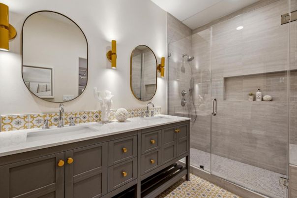 Bathroom, Dual Sink Vanities, Glass Shower, Interior, Recessed Lighting